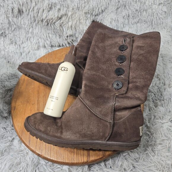 Ugg Australia  Lo Pro Button Fold Over Womens Size 7 Brown Leather Winter Boots - Picture 5 of 9